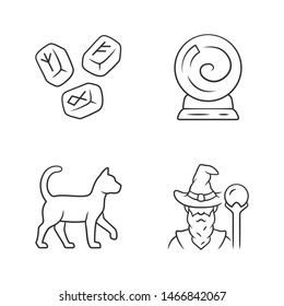 Magic linear icons set. Runestones, fortune telling crystal ball, witch cat, wizard. Witchcraft and sorcery halloween symbols. Thin line contour symbols. Isolated vector illustrations. Editable stroke
