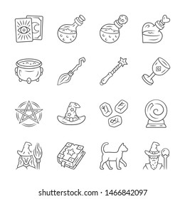 Magic linear icons set. Witchcraft items. Occult, gypsy mystic ritual tool. Fortune telling, divination. Superstitions & predictions. Thin line symbols. Isolated outline illustrations. Editable stroke