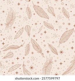 Magic linear mocha feathers and stars seamless pattern. Vector illustration in ethnic style. Magic and witchcraft background, astrology. For wallpaper, fabric, packaging, astrology and wrapping paper