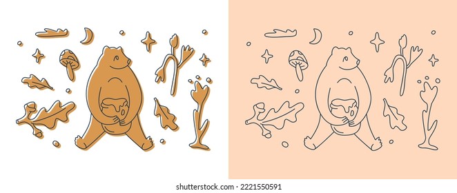 Magic linear wild bear clipart set. Folk art nature collection. Forest and garden elements. Wild nature vector illustration.	