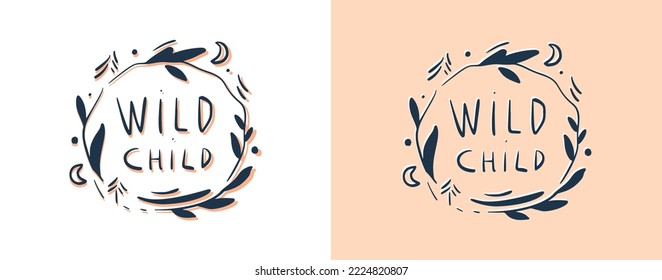 Magic linear wild child. Cute plant. Folk art nature collection. Forest and garden elements. Wild nature vector illustration.