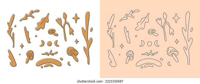 Magic linear wild clipart set. Folk art nature collection. Forest and garden elements. Wild nature vector illustration.	