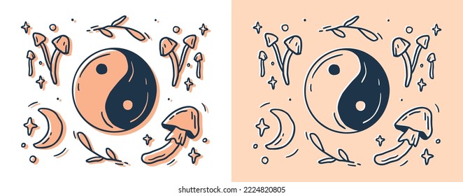 Mágico juego lineal de yin y yang de clipart. Planta linda. Colección de la naturaleza del arte folclórico. Elementos forestales y de jardín. Ilustración vectorial de naturaleza salvaje.