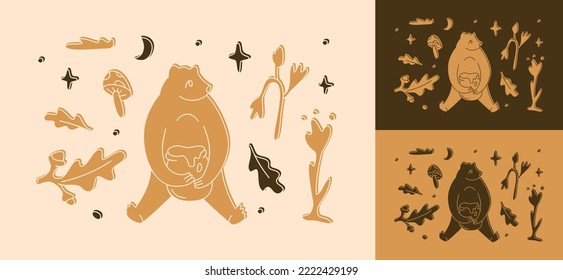 Magic linocut wild bear clipart set. Folk art nature collection. Forest and garden elements. Wild nature vector illustration.	