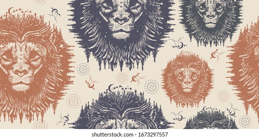 Magic lion in the night sky.  Symbol travel, tourism, adventure. Seamless pattern. Packing old paper, scrapbooking style. Vintage background. Medieval manuscript, engraving art 