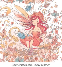 Magic little fairy colorful seamless pattern. Beautiful floral vector background with line art doodle flowers, leaves, elf girl with wings. Fantasy repeat backdrop. Cartoon drawing endless design.