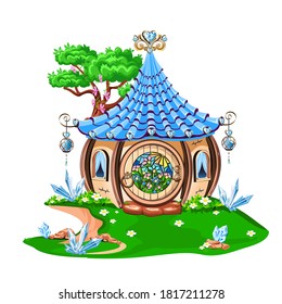 Magic Little House Decorated With Blue Crystals. Fairy House. Vector Illustration.