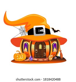 Magic little house for a witch. Happy halloween celebration. Fairy house vector illustration isolated on white background.