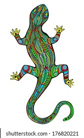Magic lizard. Ornate lizard with ethnic pattern. Rich colored reptile. In Art Nouveau style, like stained glass. Object is isolated on white. Vector file is grouped EPS8, all elements are grouped.