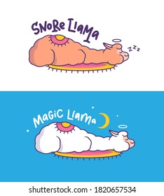 The magic llamas are sleeping. Cartoonish alpaca angels are snoring at night. Good for t-shirt designs, stickers, parties, etc. Two colors and lettering phrases. Vector illustrations