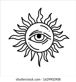 Magic logo or astrology badge elements or print for t-shirt clothing or postcards or poster, sun, hand, magic ball, eye
