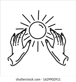 Magic logo or astrology badge elements or print for t-shirt clothing or postcards or poster, sun, hand, magic ball, eye