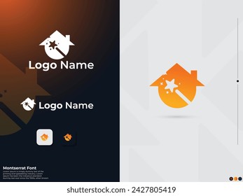 Diseño de logotipo mágico con un hogar. Logotipo de la casa mágica. Palo mágico. Estrella. Casa. Bienes raíces. Diseño creativo. Mago. Asistente. Premium.