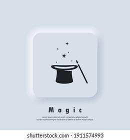 Magic logo. Wand magic hat icon. Illusionist, party service or event agency. Vector. UI icon. Neumorphic UI UX white user interface web button. Neumorphism