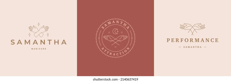 Magic logos emblems design templates set with mystic star and female hands vector illustrations minimal linear style. Line art symbols for magician logotype or witchcraft insignia branding
