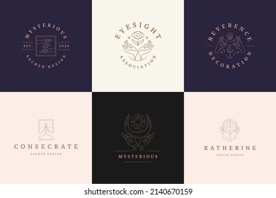 Los logotipos mágicos emblemas diseñan plantillas con ilustraciones místicas de los vectores de manos místicas y femeninas de un estilo lineal mínimo. Símbolos de línea artística para el logotipo mágico o marca de brujería insignia