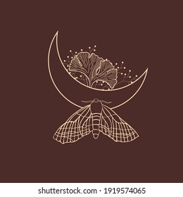 Logotipos mágicos en un estilo lineal mínimo. Diseño de logotipo vectorial Plantillas con luna, estrellas, polilla. Para cosméticos, belleza, tatuaje, Spa, manicura, joyería