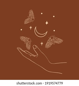 Magic logos in a minimal linear style. Vector logo design Templates with hand gestures, moon, stars. For cosmetics, beauty, tattoo, manicure, jewelry store
