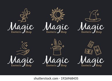 Magic logos set in doodle style for an esoteric shop. Vector linear icons with witchcraft symbols, hat, moon