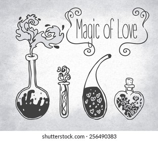 Magic of Love. bottle jar with pink hearts inside. Card. Vector illustration. Valentine's day concept. 