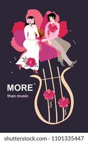 Magic of love. The bride and groom are sitting on a large flower growing out of a magic lyre isolated on a black background. Text "More than music". Wedding invitation in vector.