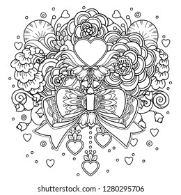 Magic love composition in doodle style. Floral, ornate, tribal, decor design. Black and white background. Flowers and hearts. Zentangle coloring book page - Vector Valentines day template