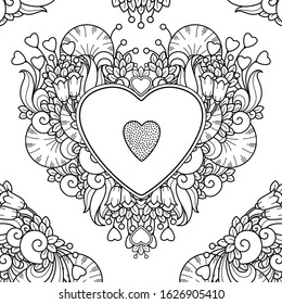 Magic love composition in doodle style. Floral, ornate, tribal, decor design. Black and white background. Flowers, frame heart shape. Zentangle coloring book page - Vector Valentines day template