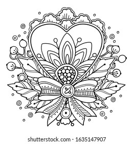 Magic love composition in doodle style. Floral, ornate, tribal, decor design. Black and white background. Flowers, heart, bow. Zentangle coloring book page - Vector Valentines day template