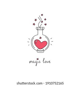 Magic love. Cute doodle illustration of a magic potion with a red heart. St. Valentines Day concept. Can be used as a greeting card or invitation background. Vector 10 EPS.