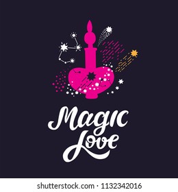 Magic love hand-drawn sign with poison bottle and space elements, stars, constellations. Illustration for nursery, kids print, textile design, Valentines day design . Vector illustration