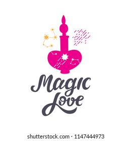 Magic love hand-drawn sign with poison bottle and space elements, stars, constellations. Illustration for nursery, kids print, textile design, Valentines day design . Vector illustration