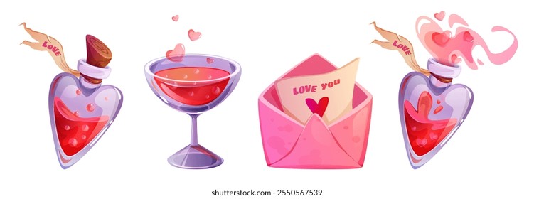 Poción mágica del amor en icono de la botella. Elixir de mago en ilustración de dibujos animados de vidrio. Beba o perfume con humo de corazón y carta de sobre rosa con tarjeta para el día de San Valentín. Mezcla de matrimonio líquida