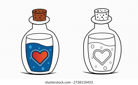 Magic Love Potion Bottle Illustration com ícone de coração e cortiça Stopper Cartoon Style Perfume Flask Line Art e versão de cor para Valentines Day e Fantasy Game Vetor Graphic