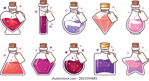Magic love potion bottle vector collection featuring heart star diamond flask shapes with sparkly pink purple liquid and tags isolated on white background