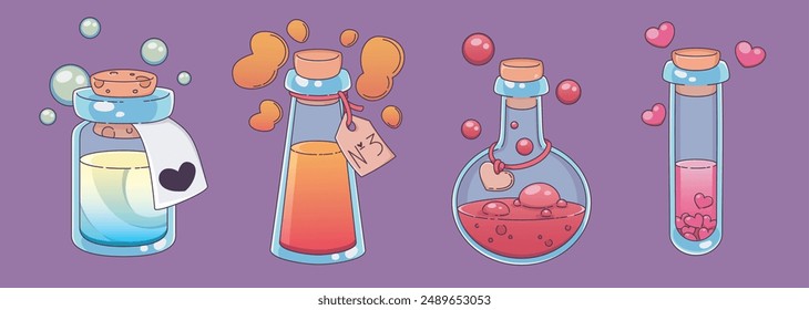 Magic love potion in glass bottle and flask. Cartoon vector illustration set of cute pink and red romantic elixir with heart shaped bubbles and signs for game ui and Valentine day congratulation.