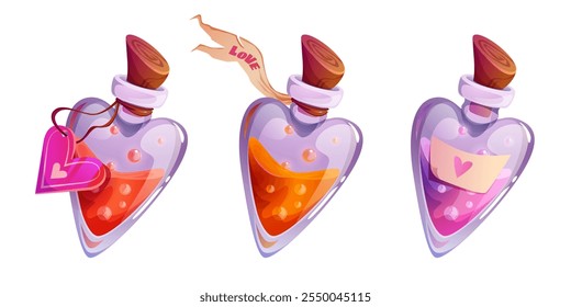 Magic love potion in glass bottle cartoon icon. Fantasy wizard drink set for apothecary game. Doctor medicine with spell for dating or marriage. Cute romance drug formula for Valentine day with heart