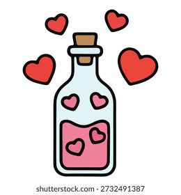 Magic love potion glass bottle containing pink love potion elixir and fantasy love potion bubbles, vector illustration.