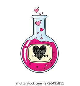 Magic love potion in glass flask with pink liquid and hearts vector illustration icon isolated