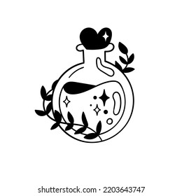 Magic Love Potion In A Round Glass Bottle. Black And White Vector Clipart.