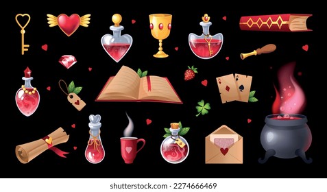 Magic love potions for Valentine witch. Magical drink. Heart stickers and ghost characters. Spell book. Cups and bottles. Romance poison. Sorcery cauldron. Vector tidy illustration set