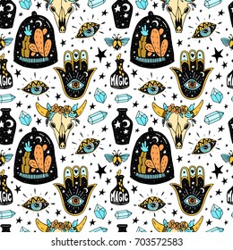 Magic love vector seamless pattern in handdrawn style. Mustic elements isolated on white background.