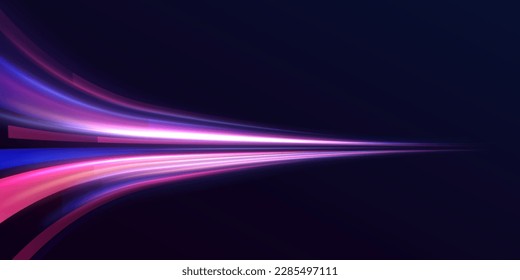 Magic luminous azure glow design element on dark background, flash luminosity, abstract neon motion glowing wavy lines. Futuristic technology concept. Vector illustration