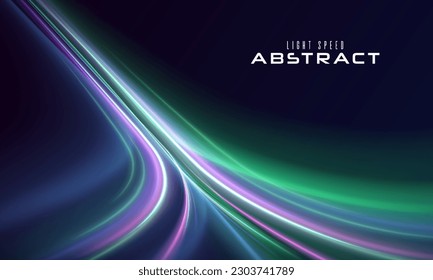 Magic luminous azure glow design element on dark background, flash luminosity, abstract neon motion glowing wavy lines. Futuristic technology concept. Vector illustration	