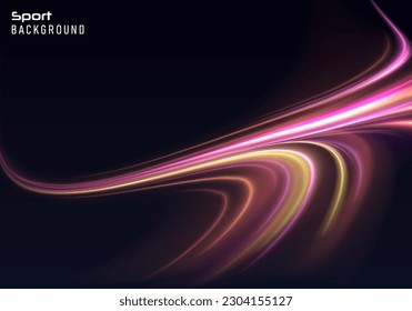 Magnífico elemento de diseño de brillo luminoso sobre fondo oscuro, luminosidad de destello, movimiento de neón abstracto brillando líneas onduladas. Concepto de tecnología futurista. Ilustración del vector	