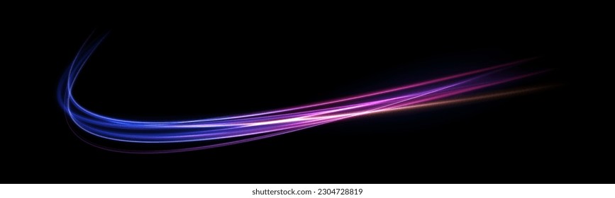 Magic luminous azure glow design element on dark background, flash luminosity, abstract neon motion glowing wavy lines. Futuristic technology concept. Vector illustration	