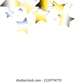 Magic luminous vector background with random stars. Yellow blue grey white gradient mesh stellar elements on white. Festive iridescent holographic illustration. Flyers, posters, invitation cards