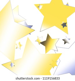 Magic luminous vector background with randomly spread stars. Yellow blue grey white gradient mesh stellar elements on white. Festive iridescent holographic illustration. Flyers, invitation cards