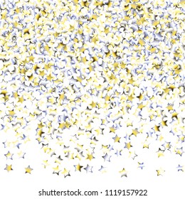 Magic luminous vector background with randomly spread small stars. Yellow blue grey white gradient mesh stellar elements on white. Festive iridescent holographic illustration. Posters Invitation cards