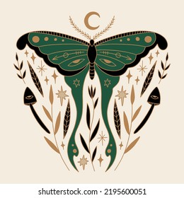 Magic luna moth celestial moon night butterfly magical vector and jpg printable image, unique boho clipart illustration, editable isolated details. Perfect for poster or postcard template, t-shirt