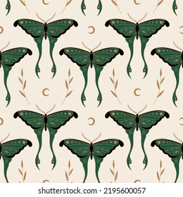 Magic luna moth celestial moon night butterfly magical vector and jpg printable boho seamless pattern, unique repeat clipart illustration image, editable isolated details. Perfect for clothes design